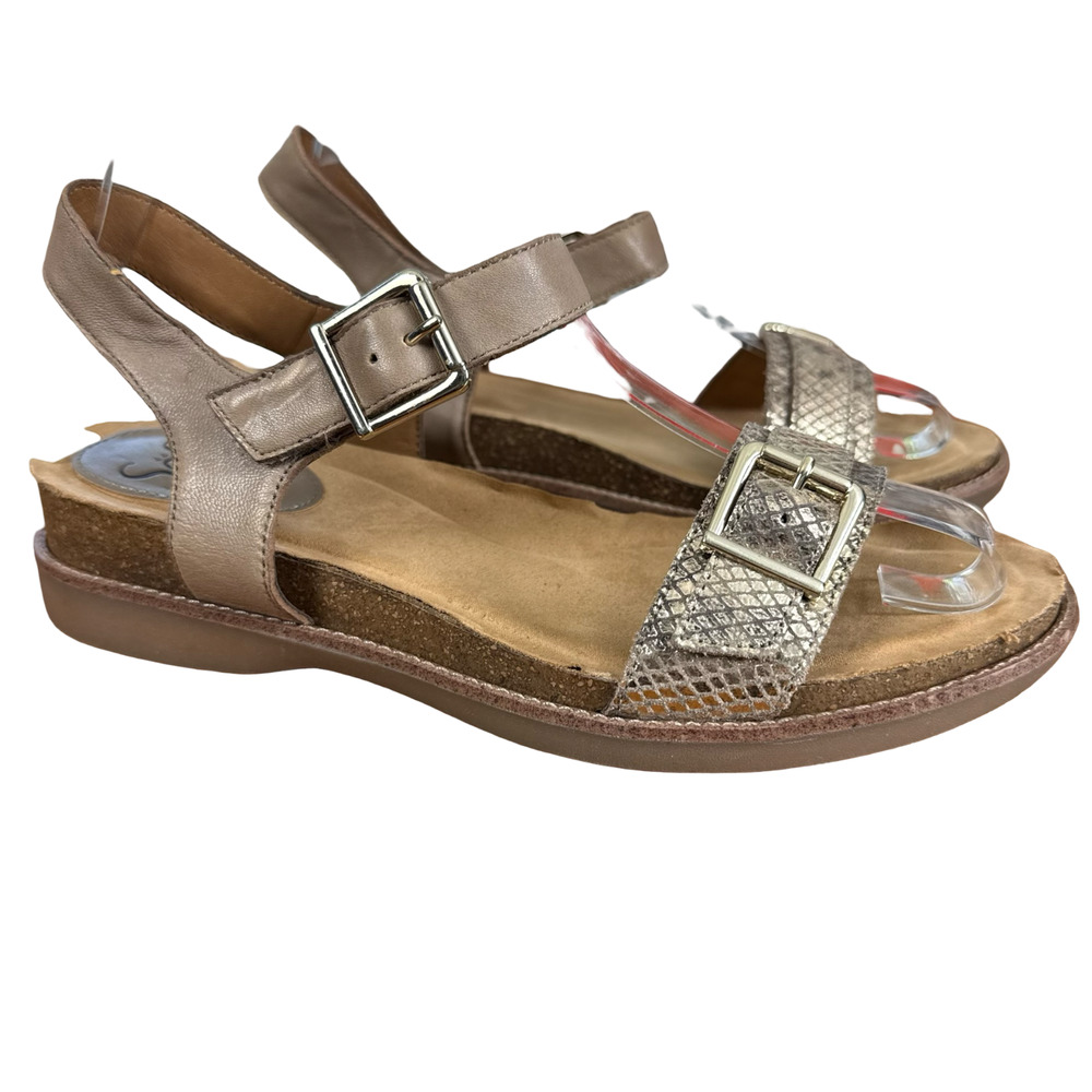 Sofft Leather Beige Gold Ankle Strap Sandals Low Wedge Open Toe Shoes sz 8 M